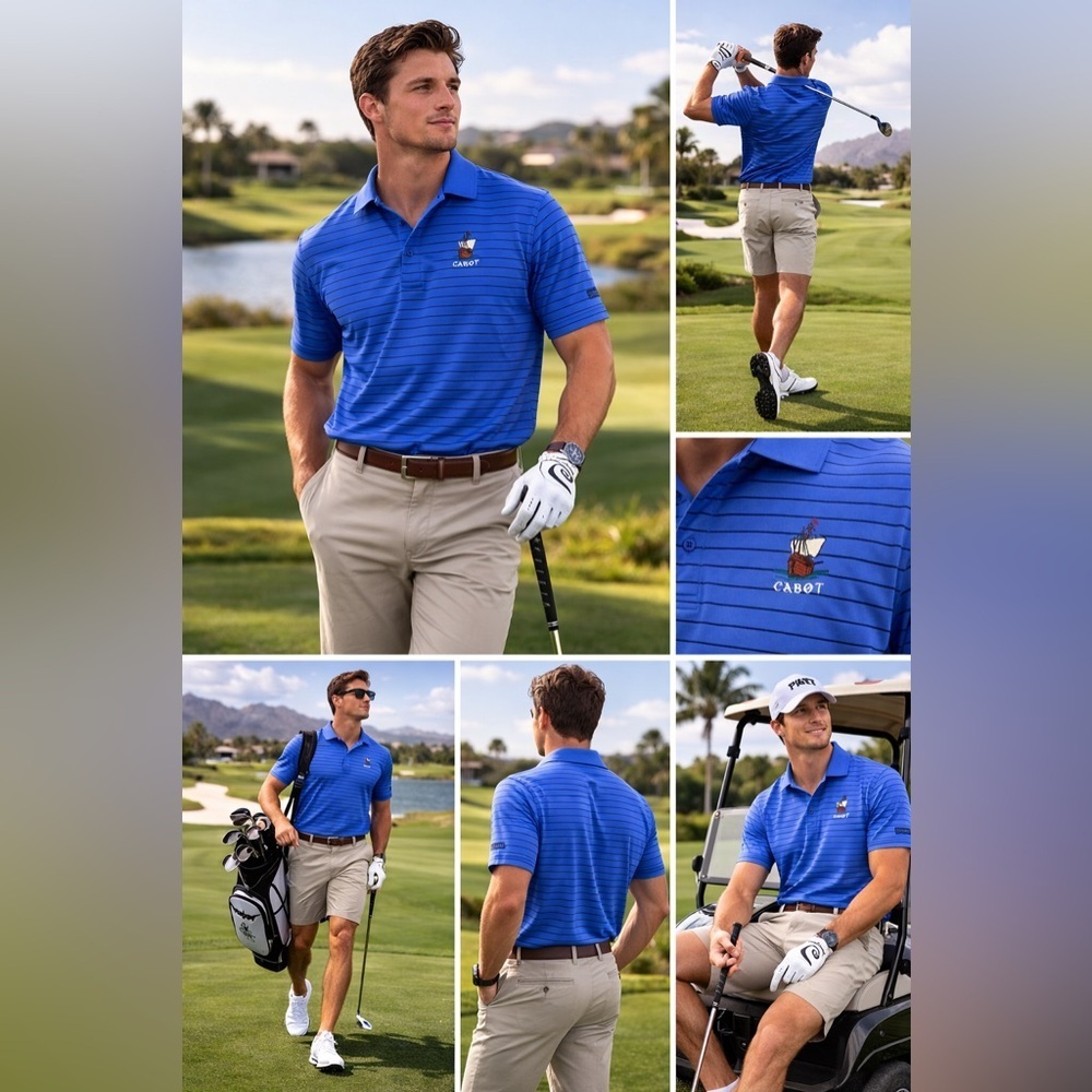Callaway Striped Golf Polo Shirt Blue Black Cabot Logo Size S Mens